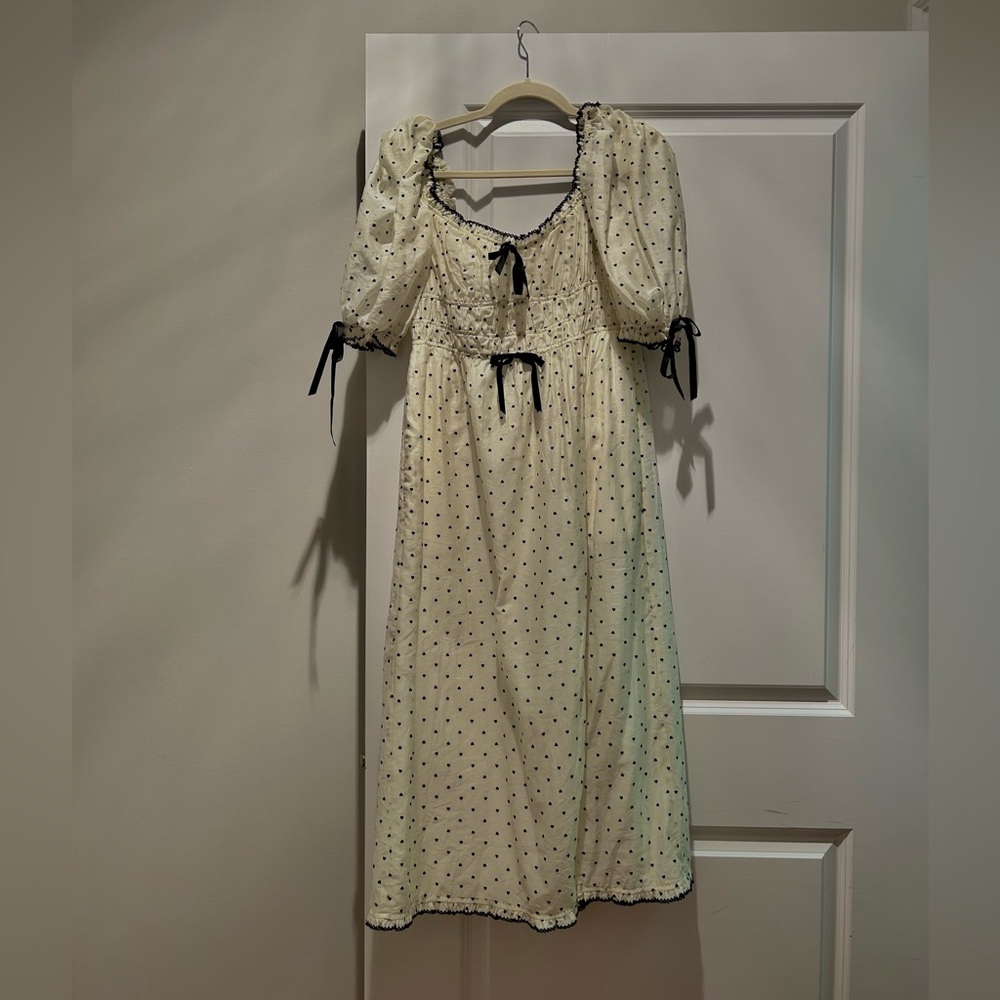 for love and lemons long white dress w black polka dots
